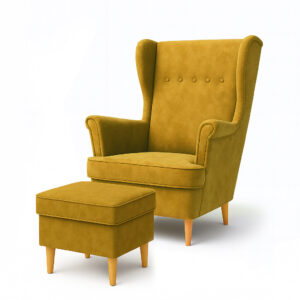 Fotel uszak Kepl + podnóżek z pojemnikiem zestaw Salvador Okra premium