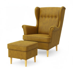 Fotel uszak skandynawski Kepl + pufa z pojemnikiem musztardowy