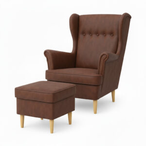 Fotel uszak skandynawski Kepl + pufa z pojemnikiem brązowy
