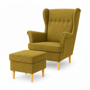 Fotel uszak skandynawski Kepl + pufa z pojemnikiem kolor zółtawy SORO 40