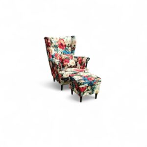 Fotel uszak skandynawski Kepl z podnóżkiem z pojemnikiem - kwiecisty