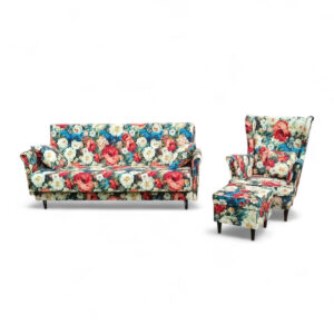 Kwiecisty komplet wypoczynkowy Kepl - kanapa/wersalka + fotel + podnóżek z pojemnikiem